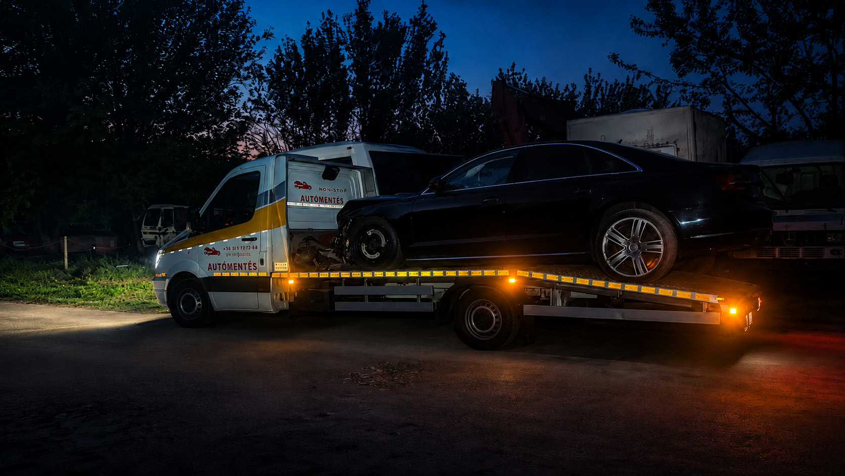 Darus autómentő éjszaka, bekapcsolt villogókkal egy Audi A8 mentésénél Budapesten